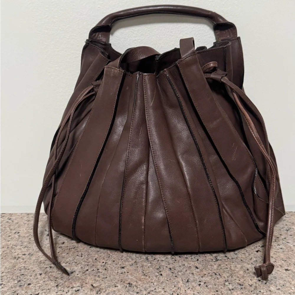 LUPO Barcelona Brown‎ Leather Pleated Backpack/ handbag